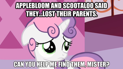 Size: 624x350 | Tagged: safe, edit, edited screencap, screencap, apple bloom, scootaloo, sweetie belle, pony, unicorn, g4, female, filly, floppy ears, image macro, implied death, naive, naive sweetie belle, naivete of youth, naïveté of youth, no longer true, sad, solo