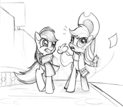 Size: 1108x968 | Tagged: safe, artist:endlessnostalgia, applejack, rainbow dash, g4, clothes, manehattan, monochrome, scarf, sketch, traditional art, wind