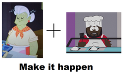 Size: 909x568 | Tagged: safe, screencap, granny smith, human, equestria girls, g4, my little pony equestria girls, chef, chef (south park), exploitable meme, lunchlady smith, make it happen, male, meme, south park, text