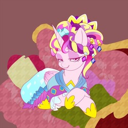 Size: 600x600 | Tagged: safe, artist:naoki, princess cadance, alicorn, pony, g4, alternate hairstyle, bedroom eyes, ceremonial headdress, clothes, draw me like one of your french girls, female, solo