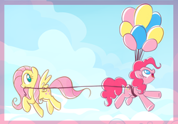 Size: 1024x712 | Tagged: safe, artist:cosmicponye, fluttershy, pinkie pie, earth pony, pegasus, pony, g4, balloon, female, floating, flying, lesbian, looking back, rope, ship:flutterpie, shipping, smiling, then watch her balloons lift her up to the sky