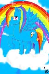 Size: 320x480 | Tagged: safe, artist:eruanna, rainbow dash, pegasus, pony, g4, cloud, cloudy, day, female, looking at you, on a cloud, rainbow, sky, solo