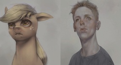 Size: 1280x697 | Tagged: safe, artist:crookedtrees, applejack, human, g4, comparison, sad