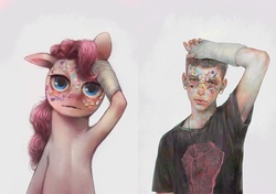 Size: 1068x750 | Tagged: safe, artist:crookedtrees, pinkie pie, human, g4, abstract, button, comparison, parody, portrait, sad