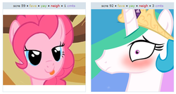 Size: 533x285 | Tagged: safe, pinkie pie, princess celestia, g4, bedroom eyes, blushing, exploitable meme, female, juxtaposition, juxtaposition win, lesbian, meme, ship:pinkielestia, shipping