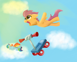 Size: 1280x1024 | Tagged: safe, artist:crazypon3, rainbow dash, scootaloo, g4, scooter, sleeping