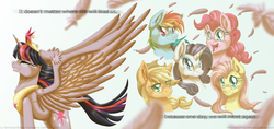 Size: 1280x603 | Tagged: safe, artist:inuhoshi-to-darkpen, applejack, fluttershy, pinkie pie, rainbow dash, rarity, twilight sparkle, alicorn, pony, g4, female, immortality blues, mare, twilight sparkle (alicorn), twilight will outlive her friends