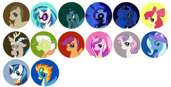 Size: 700x359 | Tagged: safe, artist:meru, apple bloom, discord, dj pon-3, doctor whooves, granny smith, nightmare moon, princess cadance, princess luna, queen chrysalis, scootaloo, shining armor, spitfire, sweetie belle, time turner, trixie, vinyl scratch, g4