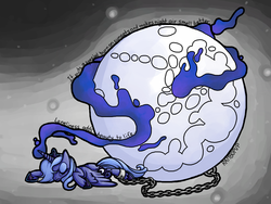 Size: 1024x768 | Tagged: safe, artist:rambopvp, princess luna, alicorn, pony, g4, ball and chain, chains, eyes closed, female, magic, mare in the moon, moon, s1 luna, sad, solo