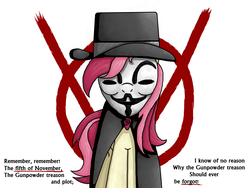 Size: 1024x768 | Tagged: safe, artist:rambopvp, roseluck, g4, female, guy fawkes mask, parody, solo, v for vendetta