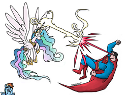 Size: 1024x768 | Tagged: safe, artist:rambopvp, princess celestia, rainbow dash, g4, crossover, dashface, duo, fight, flying, magic, male, raised hoof, so awesome, spread wings, superman
