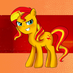 Size: 1000x1000 | Tagged: safe, artist:xx-artbloqued-xx, sunset shimmer, pony, unicorn, g4, female, grin, looking at you, solo