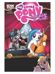 Size: 1360x1836 | Tagged: safe, artist:amy mebberson, idw, derpy hooves, dj pon-3, octavia melody, vinyl scratch, pegasus, pony, g4, accessory swap, cello, comic cover, cover, female, headphones, mare, musical instrument, record, turntable