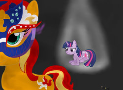 Size: 1048x762 | Tagged: dead source, safe, artist:swoopypoolin, masquerade, sunset shimmer, twilight sparkle, pony, unicorn, g4, glowing eyes, mask, masked shimmer, masquerade mask