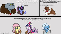 Size: 1201x665 | Tagged: safe, artist:velgarn, fluttershy, trixie, twilight sparkle, winona, oc, oc:pixelkitties, alicorn, diamond dog, pony, g4, female, mare, the thing, twilight sparkle (alicorn)