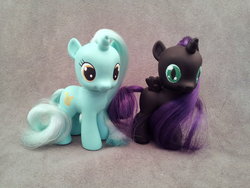 Size: 1024x768 | Tagged: safe, artist:hannaliten, lyra heartstrings, oc, oc:nyx, g4, brushable, customized toy, duo, filly, toy