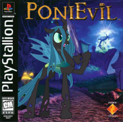 Size: 655x650 | Tagged: safe, artist:nickyv917, discord, queen chrysalis, changeling, changeling queen, draconequus, g4, box art, female, male, medievil, parody, playstation, pony (sony), sony