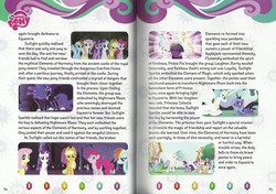 Size: 1126x791 | Tagged: safe, applejack, fluttershy, pinkie pie, princess celestia, princess luna, rainbow dash, rarity, twilight sparkle, g4, elements of harmony, guidebook, text