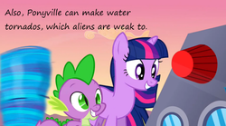 Size: 800x445 | Tagged: safe, edit, edited screencap, screencap, spike, twilight sparkle, alien, dragon, pony, unicorn, g4, hurricane fluttershy, my little pony: friendship is magic, duo, female, grin, insane pony thread, male, mare, tornado, tumblr, unicorn twilight, water