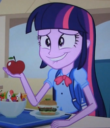 Size: 565x653 | Tagged: safe, screencap, twilight sparkle, equestria girls, g4, my little pony equestria girls, apple, eating, embarrassed, female, food, solo