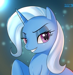 Size: 1014x1053 | Tagged: dead source, safe, artist:skyart301, trixie, pony, unicorn, g4, bust, female, grin, lidded eyes, mare, portrait, raised hoof, sexy, sinfully sexy, smiling, solo