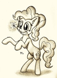 Size: 1646x2257 | Tagged: safe, artist:punk-pegasus, pinkie pie, earth pony, pony, g4, bipedal, female, mouth hold, solo, sparkler (firework), traditional art