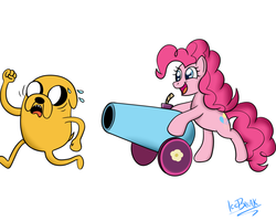 Size: 999x799 | Tagged: safe, artist:icebreak23, pinkie pie, g4, adventure time, crossover, jake the dog, male, party cannon