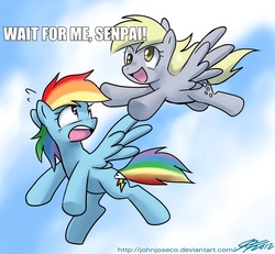 Size: 1000x922 | Tagged: safe, artist:johnjoseco, edit, derpy hooves, rainbow dash, pegasus, pony, g4, duo, female, flying, image macro, mare, senpai, sky