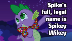 Size: 500x281 | Tagged: safe, spike, g4, bowtie, headcanon, male, name, solo, spikey wikey