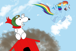 Size: 6328x4270 | Tagged: safe, artist:ryuseihikari, rainbow dash, dog, g4, absurd resolution, clothes, crossover, flying, peanuts, red baron, scarf, snoopy, sopwith camel, ww1 flying ace