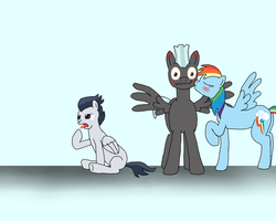 Size: 1000x800 | Tagged: safe, artist:allonsbro, rainbow dash, rumble, thunderlane, g4, cover art, female, kissing, male, straight, thunderdash