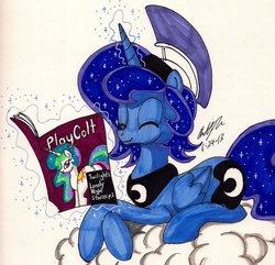 Size: 1489x1437 | Tagged: safe, artist:newyorkx3, princess celestia, princess luna, alicorn, pony, g4, butt, cloud, magazine, magic, playcolt, plot, porn magazine, prince artemis, rule 63, traditional art