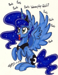 Size: 1018x1310 | Tagged: safe, artist:newyorkx3, princess luna, alicorn, pony, g4, behaving like a dog, doggy luna, female, solo, traditional art