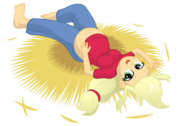 Size: 13500x9600 | Tagged: safe, artist:xniclord789x, applejack, equestria girls, g4, absurd resolution, barefoot, bedroom eyes, belly, belly button, big belly, feet, female, hay, looking at you, on back, pregnant, pregnant equestria girls, simple background, solo, transparent background