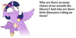 Size: 501x250 | Tagged: safe, twilight sparkle, dinosaur, g4, clone, female, randomosaur, shocked, solo, text, twilight sparkle (alicorn), wat