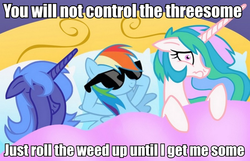 Size: 800x516 | Tagged: safe, artist:equestria-prevails, edit, princess celestia, princess luna, rainbow dash, pegasus, pony, g4, bed, caption, female, image macro, implied group sex, implied sex, implied threesome, mare, pillow, ruined for marriage, sunglasses, text