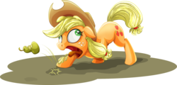Size: 2080x1000 | Tagged: safe, artist:dcpip, applejack, earth pony, pony, g4, bleh, derp, female, food, hilarious in hindsight, pear, silly, silly pony, simple background, solo, that pony sure does hate pears, transparent background, who's a silly pony