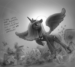 Size: 953x859 | Tagged: safe, artist:alloyrabbit, princess luna, alicorn, pony, g4, backlighting, belly, destruction, giant pony, low angle, macro, monochrome, s1 luna, spread wings, standing, traditional royal canterlot voice, wings