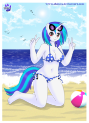 Size: 872x1200 | Tagged: safe, artist:shinn3, dj pon-3, vinyl scratch, anthro, plantigrade anthro, g4, barefoot, beach, beach ball, belly button, big breasts, bikini, breasts, busty vinyl scratch, clothes, feet, female, ocean, peace sign, side-tie bikini, solo, swimsuit, wide hips