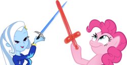 Size: 2024x1037 | Tagged: safe, pinkie pie, trixie, equestria girls, g4, balloon, duel, exploitable meme, fight, look what pinkie found, look what trixie found, meme, simple background, sword, transparent background