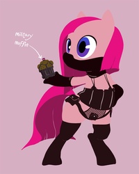 Size: 800x1000 | Tagged: safe, artist:changeunism, pinkie pie, earth pony, pony, g4, bipedal, clothes, costume, female, mask, muffin, parody, pinkamena diane pie, solo, weapon