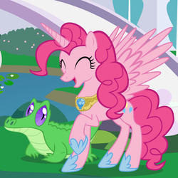 Size: 4000x4000 | Tagged: safe, artist:beavernator, gummy, pinkie pie, alicorn, alligator, pony, g4, alicornified, concave belly, curly hair, curly mane, curly tail, duo, element of laughter, female, green scales, green skin, hoof shoes, mare, pink body, pink coat, pink fur, pink hair, pink mane, pink pony, pink tail, pink wings, pinkiecorn, princess shoes, purple eyes, race swap, slender, slit pupils, spread wings, tail, thin, wings, xk-class end-of-the-world scenario