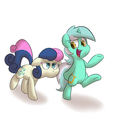 Size: 3288x3064 | Tagged: safe, artist:deoix, bon bon, lyra heartstrings, sweetie drops, earth pony, pony, unicorn, g4, bipedal, bon bon is not amused, duo, simple background, white background