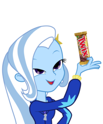 Size: 750x900 | Tagged: safe, artist:kressio, trixie, equestria girls, g4, my little pony equestria girls, candy, chocolate, exploitable meme, female, look what trixie found, meme, pun, solo, twix