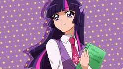 Size: 1024x579 | Tagged: safe, artist:c-minded, twilight sparkle, human, g4, anime, book, bust, clothes, cute, cutie mark, cutie mark on clothes, eared humanization, female, humanized, necktie, pixiv, solo, stars, twiabetes