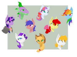 Size: 675x500 | Tagged: dead source, safe, artist:phidippusofmystery, apple bloom, applejack, firefly, rainbow dash, rarity, spike, surprise, twilight sparkle, g1, g4, older, older spike