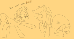 Size: 1280x678 | Tagged: safe, artist:sion, applejack, rarity, g4, clothes, dialogue, dress, glasses, simple background