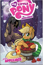 Size: 575x875 | Tagged: safe, artist:brenda hickey, idw, applejack, sass squash, g4, micro-series #6, my little pony micro-series, spoiler:comic, apple, behind you, cover, monster