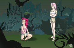 Size: 1970x1300 | Tagged: safe, artist:narutopony, fluttershy, pinkie pie, human, g4, everfree forest, humanized