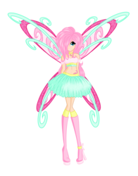 Size: 3200x4092 | Tagged: safe, artist:iikiui, fluttershy, fairy, equestria girls, g4, believix, belly button, clothes, fairy wings, fairyized, female, humanized, midriff, pink shoes, pink wings, skinny, skirt, solo, sparkly wings, thin, wings, winx, winx club, winxified